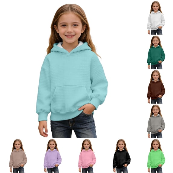 Playtopia Youth Solid Color Drawstring Waffle Knit Pullover Hoodie 320g Polyester Kangaroo Pocket Unisex Long Sleeve Daily Casual Sweatshirt 1PC Kids Sizes 100-160
