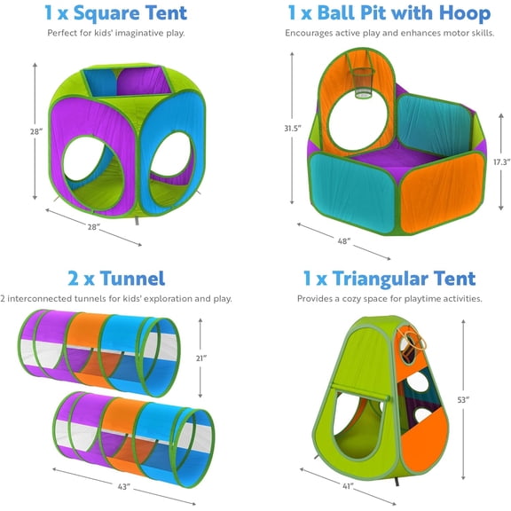 Playz 5-Piece Kids Pop up Play Tent Crawl Tunnel and Ball Pit with Basketball Hoop Playhouse for Boys, Girls, Babies, and Toddlers (, Orange, Yellow, Red, Blue)