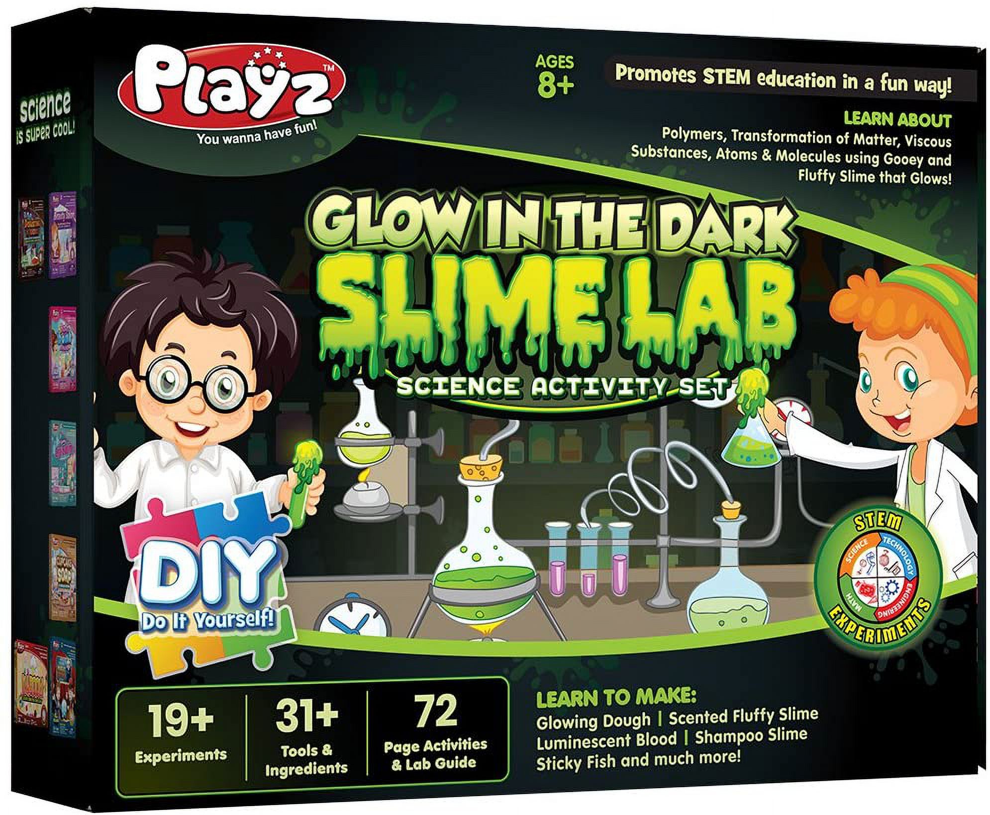 Playz Glow in The Dark Slime Lab Science Kit w/ 19+ Experiments to Make Glowing Dough, Scented Fluffy Slime, Luminescent Blood, Shampoo Slime, &amp; Sticky Fish Through Gooey Science Activ - image 1 of 7