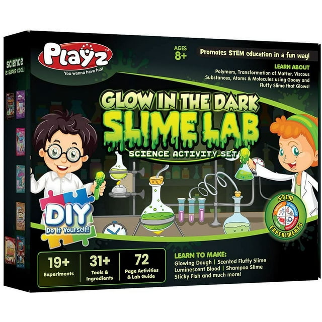 Playz Glow in The Dark Slime Lab Science Kit w/ 19+ Experiments to Make Glowing Dough, Scented Fluffy Slime, Luminescent Blood, Shampoo Slime, &amp; Sticky Fish Through Gooey Science Activ