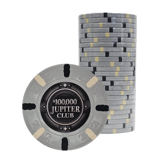 Playzaic Jupiter Club 43mm Oversize Poker Chips (25-pack) - Real Casino Clay - $100,000 Gray
