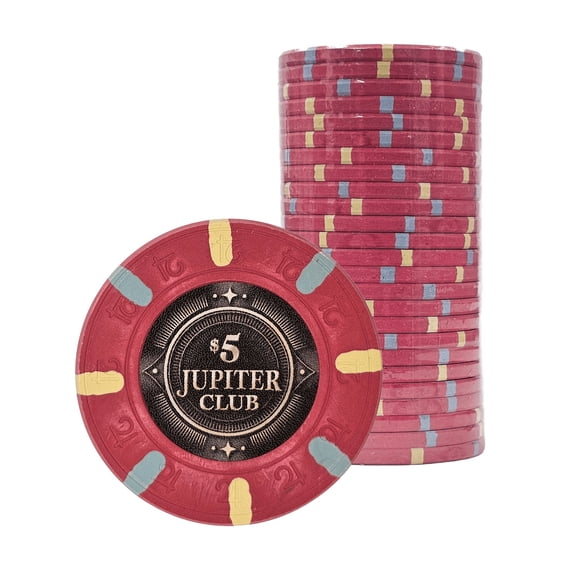 Playzaic Jupiter Club 43mm Oversize Poker Chips (25-pack) - Real Casino Clay - $5 Red