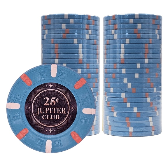Playzaic Jupiter Club 43mm Oversize Poker Chips (50-pack) - Real Casino Clay - $0.25 Blue