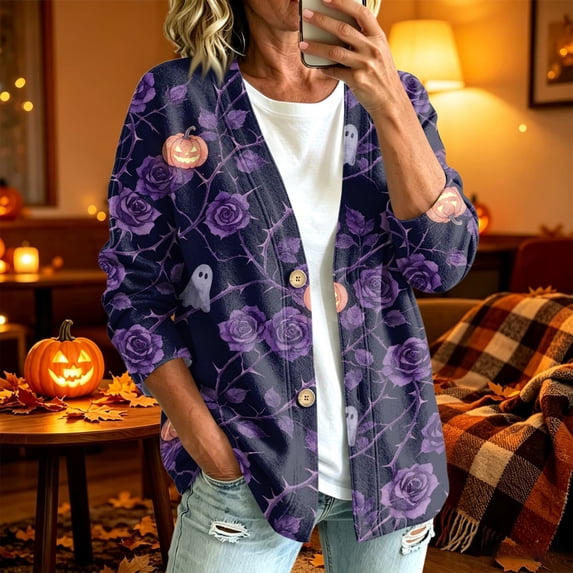 Playzo Women's Cardigan Button-Detail Long Sleeve Casual Lightweight Outerwear with Halloween Print for Spring Fall Everyday Wear and Weekend Lounging Dark Purple_#11963