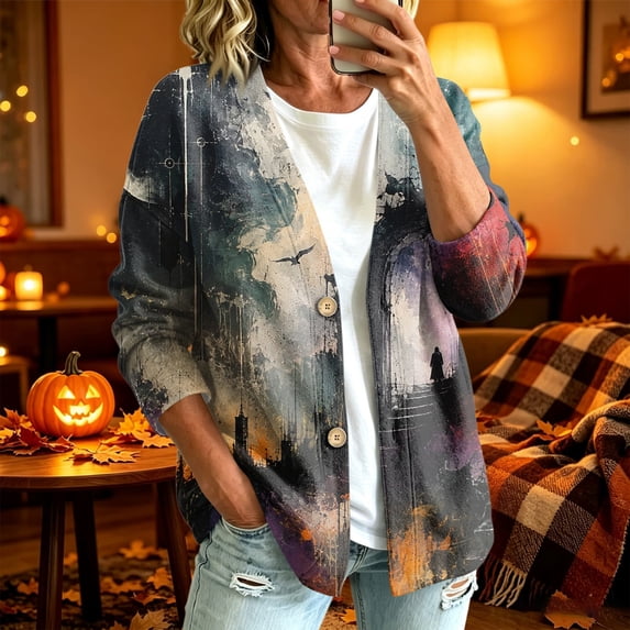 Playzo Women's Cardigan Button-Detail Long Sleeve Casual Lightweight Outerwear with Halloween Print for Spring Fall Everyday Wear and Weekend Lounging Dark Purple_#11420