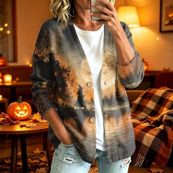 Playzo Women's Cardigan Button-Detail Long Sleeve Casual Lightweight Outerwear with Halloween Print for Spring Fall Everyday Wear and Weekend Lounging Earthy Yellow_#11430