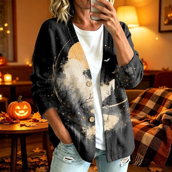Playzo Women's Cardigan Button-Detail Long Sleeve Casual Lightweight Outerwear with Halloween Print for Spring Fall Everyday Wear and Weekend Lounging Gold_#11435