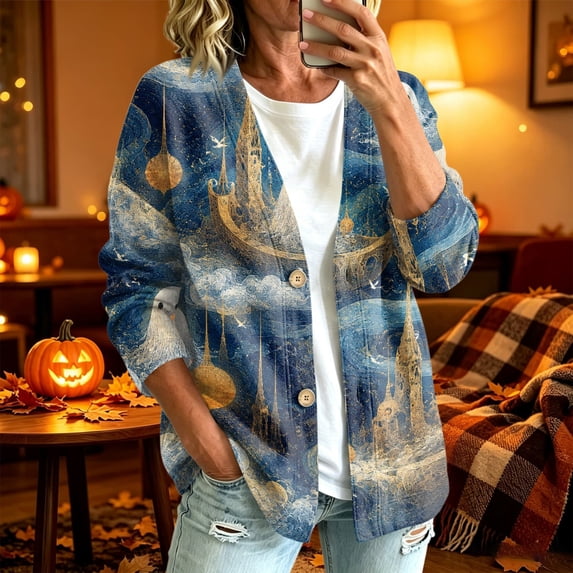Playzo Women's Cardigan Button-Detail Long Sleeve Casual Lightweight Outerwear with Halloween Print for Spring Fall Everyday Wear and Weekend Lounging Multicolor_#11451