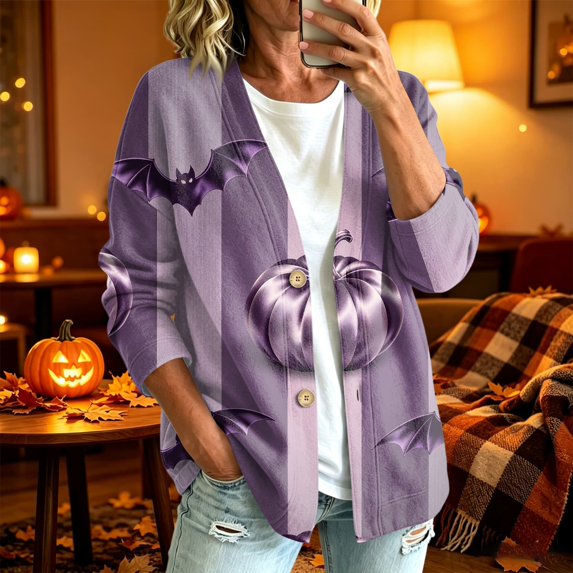 Playzo Women's Cardigan Button-Detail Long Sleeve Casual Lightweight Outerwear with Halloween Print for Spring Fall Everyday Wear and Weekend Lounging Purple Pink_#12001