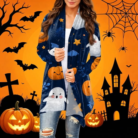 Playzo Women's Cardigan Mid-Length Open-Front V-Neck Long Sleeve Loose Fit Casual Lightweight Outerwear with Halloween Print for Spring Fall Holiday Parties and Family Gatherings Blue_#10113