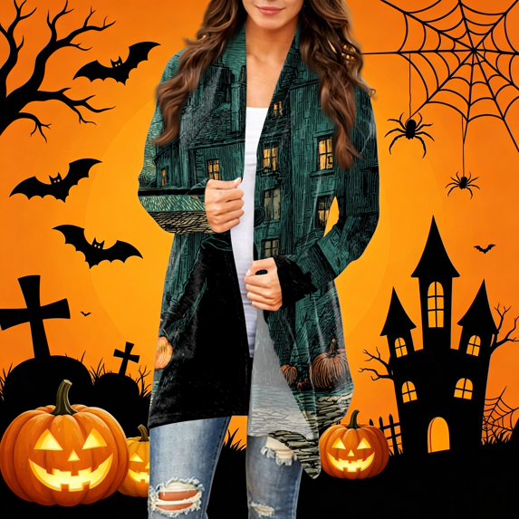 Playzo Women's Cardigan Mid-Length Open-Front V-Neck Long Sleeve Loose Fit Casual Lightweight Outerwear with Halloween Print for Spring Fall Holiday Parties and Family Gatherings Gray_#10119