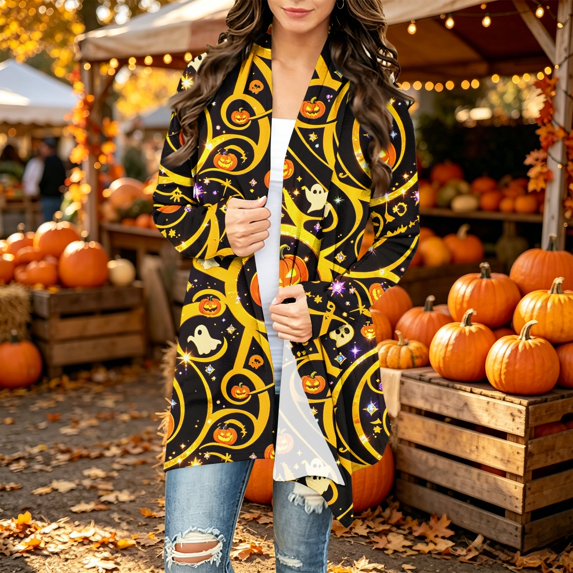 Playzo Women's Cardigan V-Neck Long Sleeve Sweater Casual Loose Lightweight Outerwear with Halloween Print for Spring Fall Everyday Wear Weekend Lounging and Holiday Parties Black_#8420