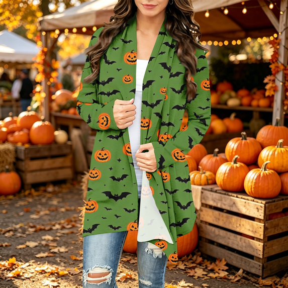 Playzo Women's Cardigan V-Neck Long Sleeve Sweater Casual Loose Lightweight Outerwear with Halloween Print for Spring Fall Everyday Wear Weekend Lounging and Holiday Parties Dark Green_#8432
