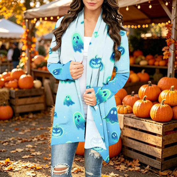 Playzo Women's Cardigan V-Neck Long Sleeve Sweater Casual Loose Lightweight Outerwear with Halloween Print for Spring Fall Everyday Wear Weekend Lounging and Holiday Parties Light Blue_#8458