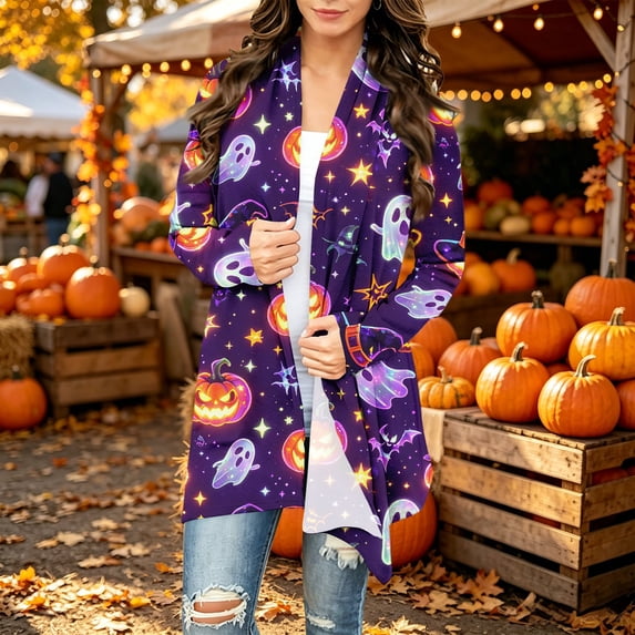 Playzo Women's Cardigan V-Neck Long Sleeve Sweater Casual Loose Lightweight Outerwear with Halloween Print for Spring Fall Everyday Wear Weekend Lounging and Holiday Parties Earthy Yellow_#8324