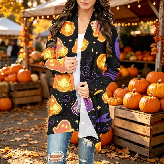 Playzo Women's Cardigan V-Neck Long Sleeve Sweater Casual Loose Lightweight Outerwear with Halloween Print for Spring Fall Everyday Wear Weekend Lounging and Holiday Parties Black_#8316