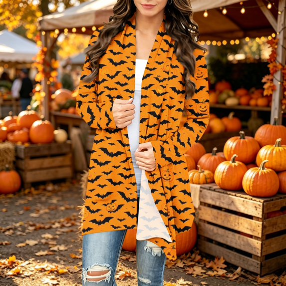Playzo Women's Cardigan V-Neck Long Sleeve Sweater Casual Loose Lightweight Outerwear with Halloween Print for Spring Fall Everyday Wear Weekend Lounging and Holiday Parties Ginger_#8448