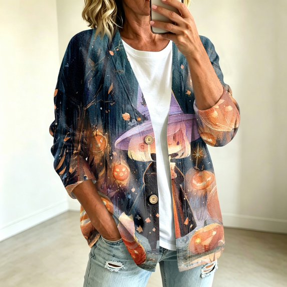 Playzo Women's Cropped Cardigan Open-Front V-Neck Long Sleeve Button-Detail Casual Lightweight Outerwear with Halloween Print for Spring Fall Holiday Parties and Everyday Wear Black_#9982