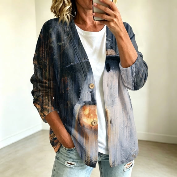 Playzo Women's Cropped Cardigan Open-Front V-Neck Long Sleeve Button-Detail Casual Lightweight Outerwear with Halloween Print for Spring Fall Holiday Parties and Everyday Wear Blue_#9988