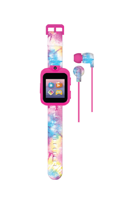 Kids Smartwatch & Earbuds Set: Pink, Blue, Yellow Tie Dye
