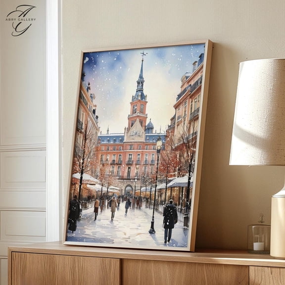 Plaza Mayor Madrid Poster: Winter Cityscape Art, Unframed Poster Size 8x12