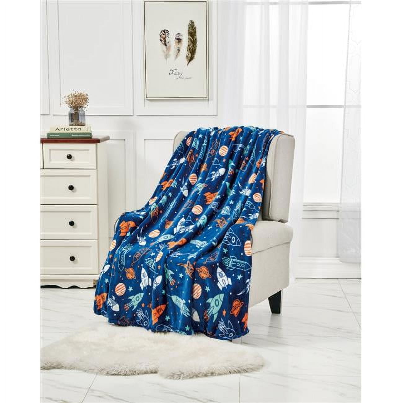 Space Adventure Blue Microplush Fleece Throw Blanket