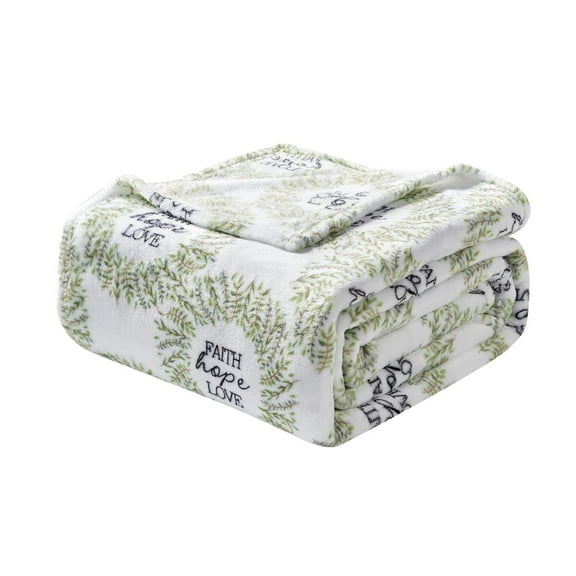 Plazatex Faith, Hope & Love Printed Luxurious Ultra Soft Lightweight Bed Blanket 90" x 90" White & Green