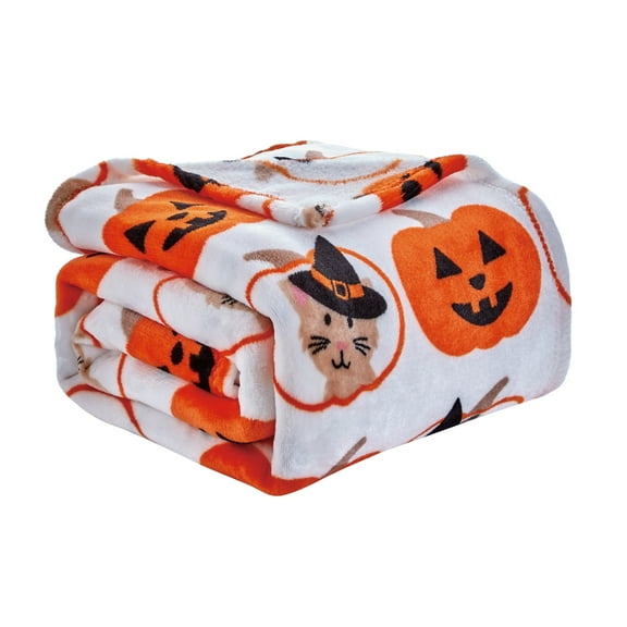 Plazatex Pumpkins & Cats plush Decorative Halloween Machine Washable Throw 50" X 60" Grey