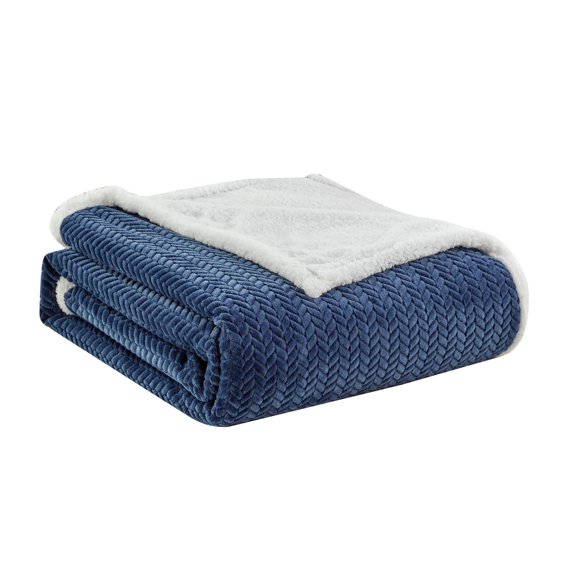 Plazatex Reversible And Comfortable Braided Oversized Sherpa Blanket - King 108x90", Navy