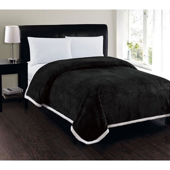 Plazatex Soft Plush Corduroy Sherpa Lined Oversized All Season Comfort for Bedroom or Lounging Blankets - Queen 90x90", Black