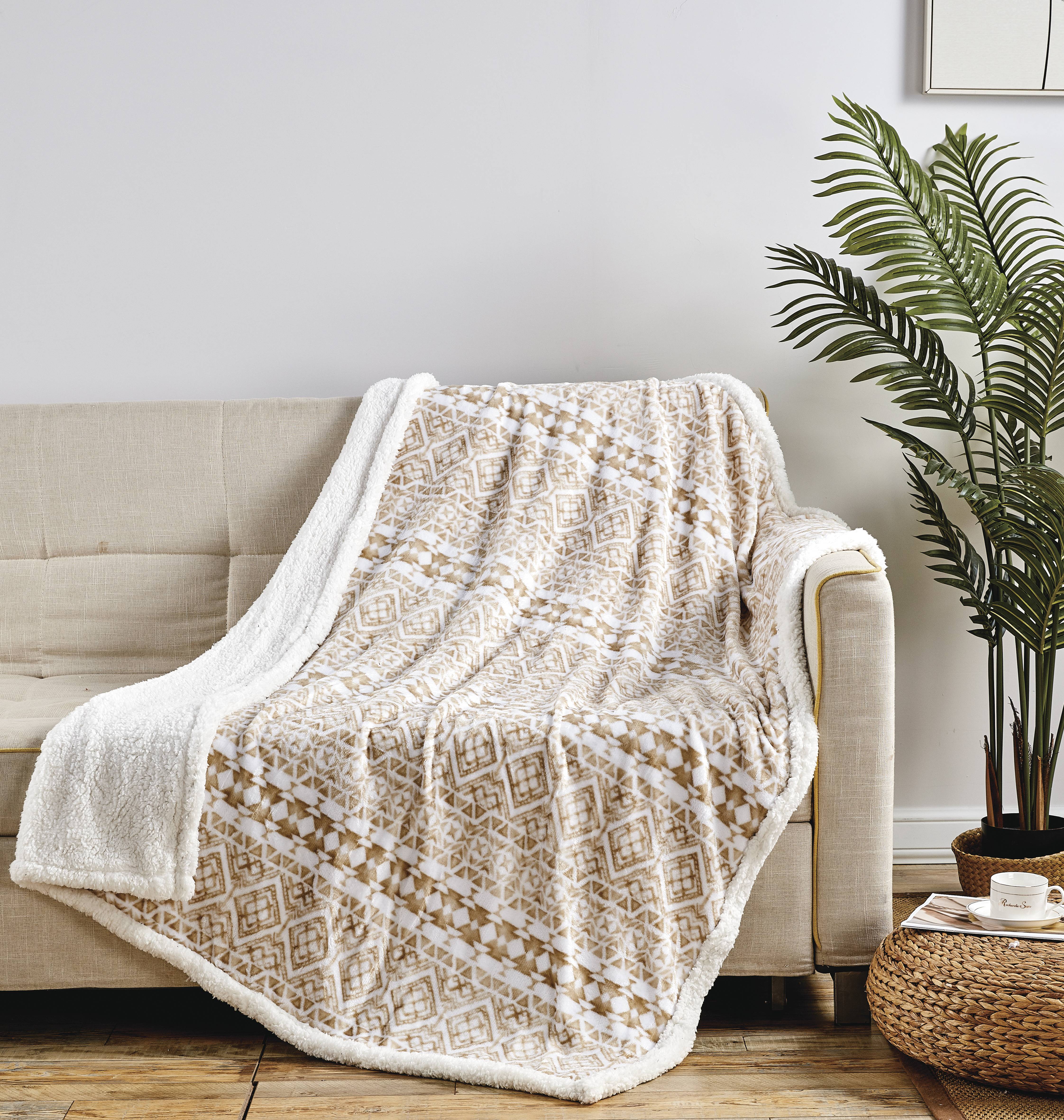 Plazatex Tala with Sherpa Plush Decorative All Season Plum Throw Blanket 50" x 60" Beige