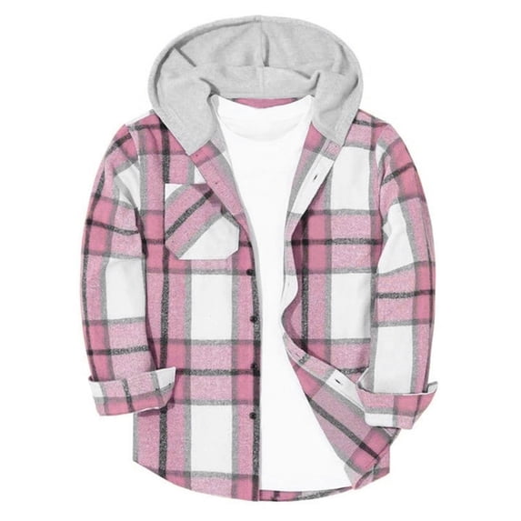 Plcasen Boys Plaid Flannel Shirts Unisex Kids Long Sleeve Casual Button Down Shirt with Hood