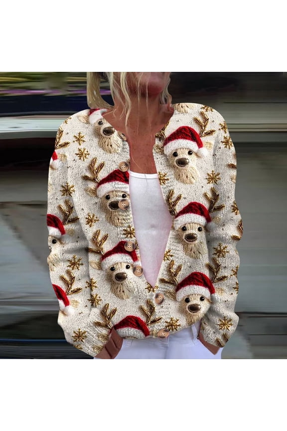 Christmas Sweaters For Women Funny Button Down Festive Coat Xmas Santa Snowflake Printed Cable Knit Pullover