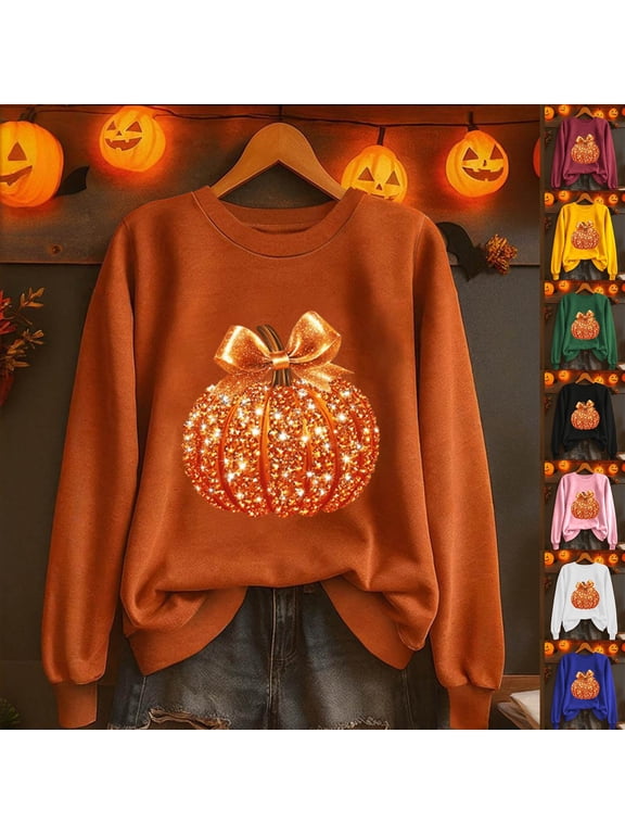 Fall Pumpkin Sweatshirt for Women Pumpkin Pullovers Halloween Thanksgiving Long Sleeve Shirt Tops