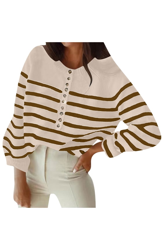 Generic Women's Color Block Striped Sweaters Button Up Crewneck Pullover Ribbed Knit Sweater Tops