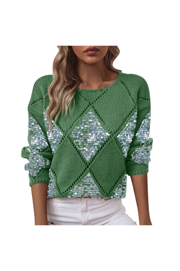 Generic Women's Sequin Sweater, Long Sleeve Argyle Hollow Out, Crewneck Sparkly Pullover, Loose Casual Knit Top