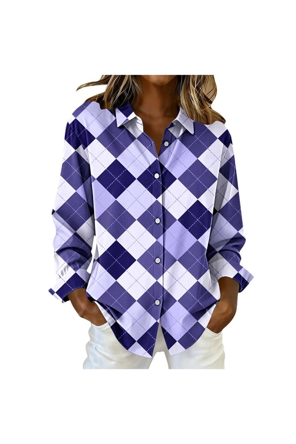 Generic Womens Plaid Shirts Classic Long Sleeve Button Down Collared Casual Tops Lightweight Fall Blouses
