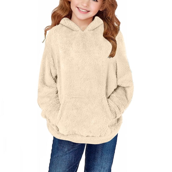 Plcasen Girls Fuzzy Fleece Pullover Hoodies Sweatshirt Casual Loose Outwear Coat with Pockets 4-15 Years
