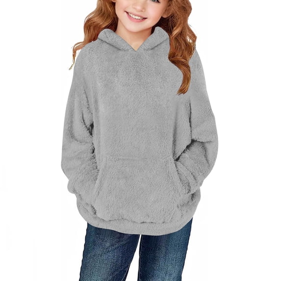 Plcasen Girls Fuzzy Fleece Pullover Hoodies Sweatshirt Casual Loose Outwear Coat with Pockets 4-15 Years