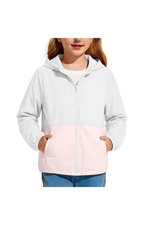 Girls Hooded Jacket Kids Lightweight Color Block Sun Protection Jackets 5-14 Years
