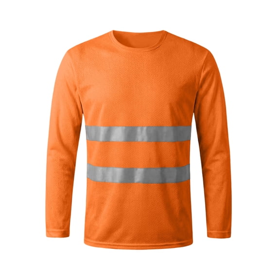 Plcasen Men High Visibility Long Sleeve Safety Work Shirt Round Neck Reflective Strips Mesh Top