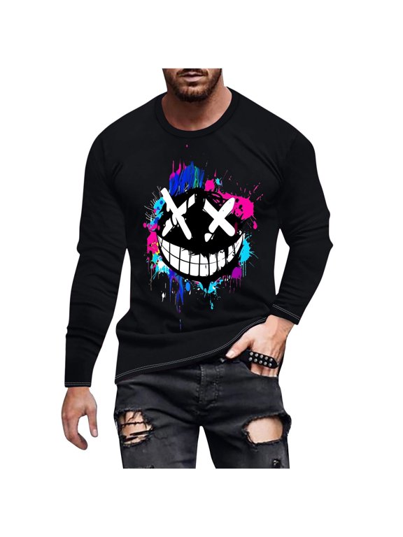 Men's Graffiti X-Eyes Smile Face Print Round Neck Long Sleeve Casual T-Shirt Top