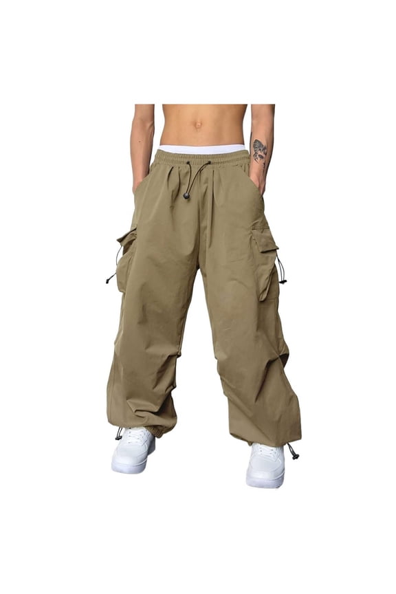 Men's Parachute Pants Casual Baggy Cargo Drawstring Trouser