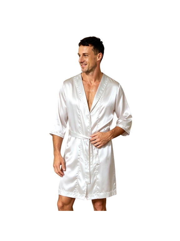 Men's Satin Robe, V-Neck 3/4 Sleeve Simulated Silk Bathrobe, Belted Lightweight Lounge Dressing Gown