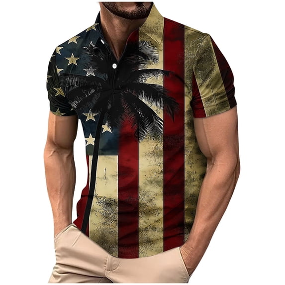 Plcasen Mens American Flag Print Golf Polo Shirt Patriotic Raglan Sleeve Tees