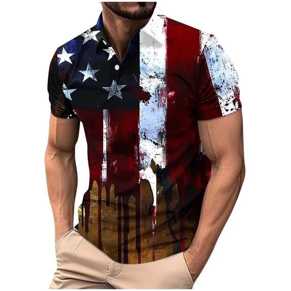 Plcasen Mens American Flag Print Golf Polo Shirt Patriotic Raglan Sleeve Tees