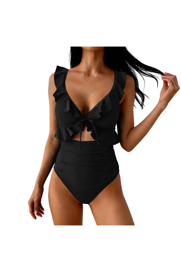 One Piece Swimsuit for Women Tummy Control Ruffle Bathing Suit V Neck Ruched Swim Suit Slimming Cutout Swimwear