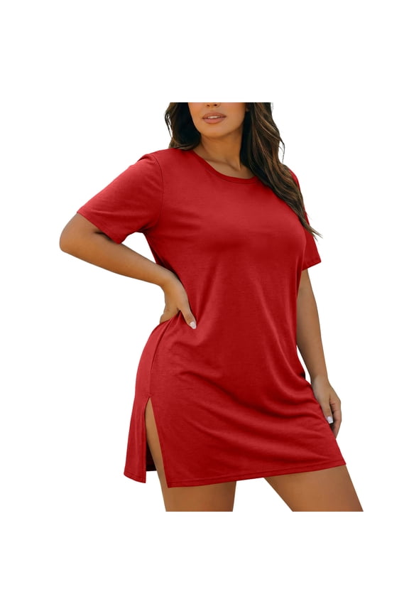 Plus Size Women's Casual Mini Dress Short Sleeve Stretchy Tight Fitted Dress with Side Split Hem
