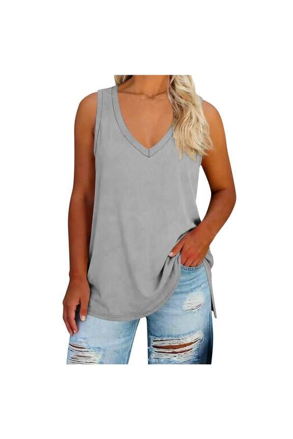 Plus-Size-Womens-Tops V Neck Sleeveless T Shirts Summer Side Split Tee