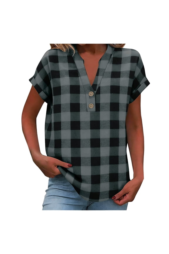 Short Sleeve Button Down Shirts for Women Gingham Plaid Tops V Neck Casual Loose Blouse